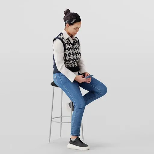 3D modeled young woman in casual attire with smartphone, poised for Blender rendering.