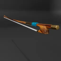 "Rosewood violin bow with aquamarine leather appliqué matching electric violin. 3D model compatible with Blender 3D software, featuring blue handle and gold tip. Inspired by Kawai Gyokudō, with vray and arnold textures available."