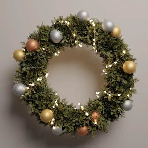 Realistic 3D festive wreath with shimmering LEDs and glossy ornaments, perfect for Blender rendering.