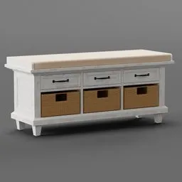 "Space-saving bench with drawers - a versatile and stylish 3D model designed in Blender 3D. Featuring a white bench with wooden cabinet and baskets, this crisp and highly textured Edo style piece is perfect for adding functionality to your interior design projects. Explore our catalog and elevate your 3D rendering with this meticulously detailed furniture model."