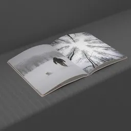 Realistic 3D model of an open magazine for Blender, showcasing a detailed wintry scene and dog on page.