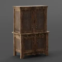"A brown wooden wardrobe cabinet with drawers and a door for storing clothes in Blender 3D. Inspired by Henry Woods and designed with marvelous designer substance, this asymmetrical and detailed model features a smooth Arstation finish. Perfect for 3D set design and catalog listing."