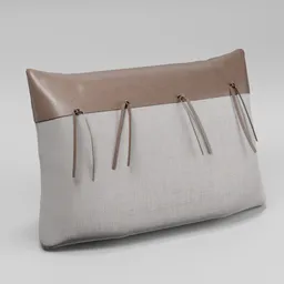 Beige linen 3D pillow model with brown leather detail and zipper for Blender rendering.