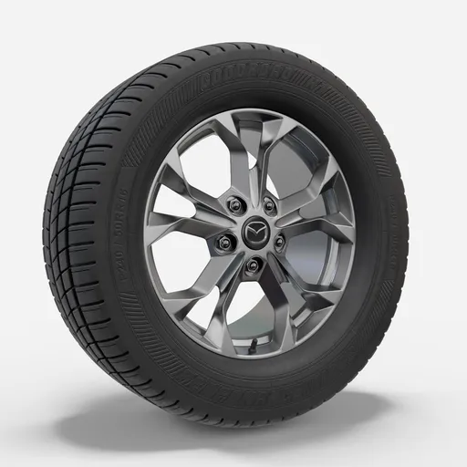 Detailed 3D model of a glossy automotive wheel with textured tire tread designed for Blender rendering.