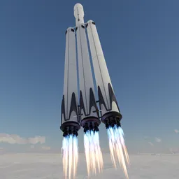 "Highly detailed Falcon Heavy 3D model for Blender 3D - a powerful SpaceX rocket equipped with three reusable boosters and capable of launching heavy payloads into space. This sleek and modern silver/black rocket boasts impressive specifications, including a height of 70 meters and a diameter of 12.2 meters. Ideal for commercial satellite launches and future crewed missions to the Moon and Mars."
