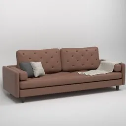 Realistic 3D model of a brown leather Chesterfield sofa with detailed stitching and cushions for Blender rendering.