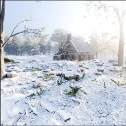 Sunlit Snowy Stone Cabin Scene