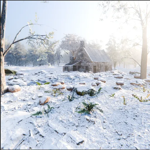 Sunlit Snowy Stone Cabin Scene
