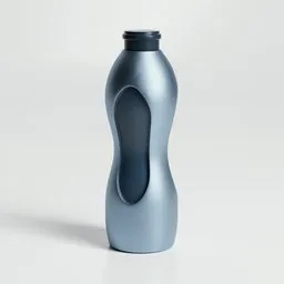 "Blue and black metallic sports water bottle on white surface with unique design inspired by Mads Berg and Niels Lergaard. Created in Blender 3D."