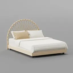 High-quality 3D model of a modern bed with a unique rattan headboard, designed for Blender rendering, neutral tones.