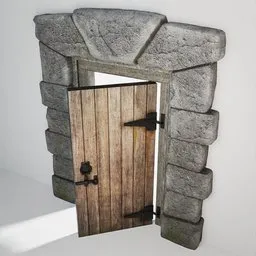 Detailed low-poly 3D model featuring a textured medieval wooden door with stone arch frame, suited for Blender environments.