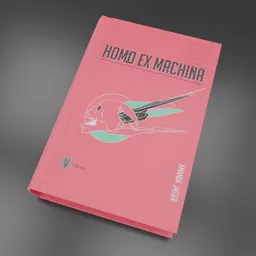 Low poly 3D model of a pink book titled 'Homo Ex Machina' for Blender scenes, with a simple bird and plane design on the cover.