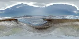 Serene winter HDR panorama with frozen lake, rolling hills, soft clouds, and subtle sun glow, ideal for realistic lighting in 3D scenes.