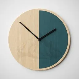 "Minimalist Wooden Clock 3D model for Blender 3D - featuring a blue and green clock face, oak texture, and sleek design. Perfect for modern interiors and graphic design projects."