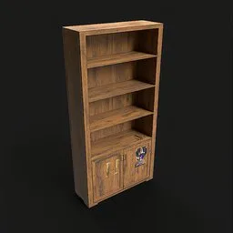 High-quality 3D wooden bookshelf model, optimized for Blender with PBR textures, ideal for game development.