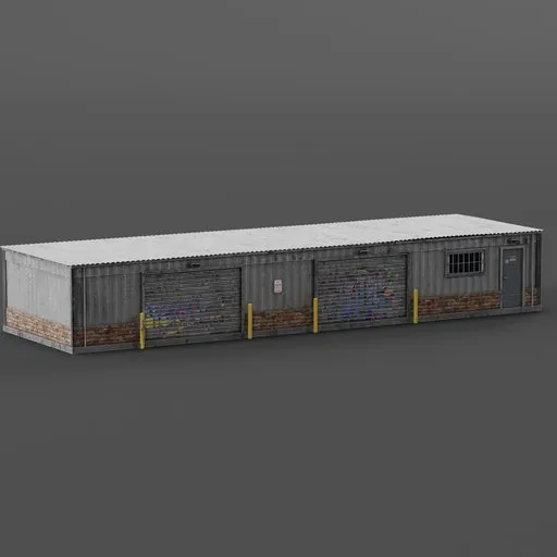 Blender 3D realistic double garage 3D model with weathered textures and graffiti details.