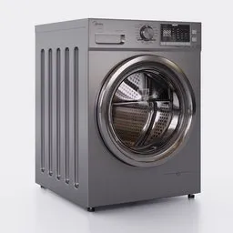 "3D model of a gray Midea washing machine for Blender 3D, perfect for kitchen appliance designs. The model features a comprehensive 2D render with a door open, male android and water swirling inside. Ideal for composing service environments and adding realistic details to your 3D scenes."