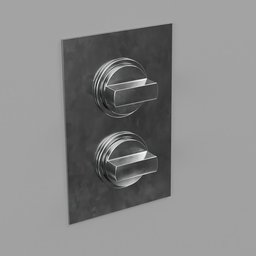 "Chromium shower faucet controller, highly detailed and ultra modern 3D model in Blender 3D. Features two knobs on a brushed metal plate with screws and bolts, perfect for architectural renderings in a cuban setting."