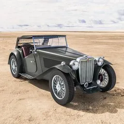 "MG T-type - retro sports car, a historically influenced design reminiscent of Charles Maurice Detmold, sitting majestically in the dirt. A mesmerizing black beauty inspired by the 1930s, this high-resolution 3D model created in Blender 3D captures the essence of an open skies adventure, exuding a touch of triumph and the spirit of yesteryears."