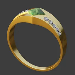 "Highly detailed 3D model of a gold ring with an emerald green center stone and side diamonds, rendered using Blender 3D software. Perfect for jewelry design and 3D modeling enthusiasts."