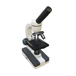 "Digital elementary stereo microscope 3D model for Blender 3D - black handle and white base, detailed and highly capsules, perfect for medical and scientific animations and investigations."