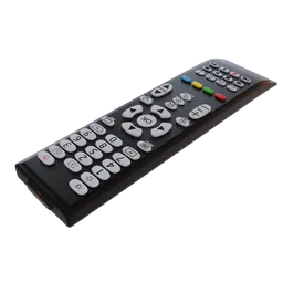 Detailed 3D rendering of a sleek, universal TV remote with multicolored buttons, compatible with Blender modeling.