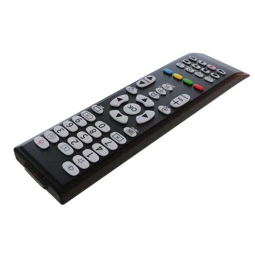 Detailed 3D rendering of a sleek, universal TV remote with multicolored buttons, compatible with Blender modeling.