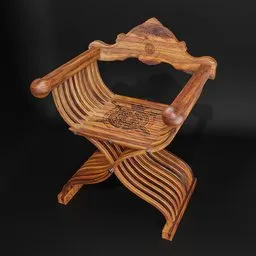 "Medieval knight's scissor chair 3D model made of Astronium Tiger Wood. Highly detailed and foldable outdoor furniture for Blender 3D. Perfect for historical and fantasy-themed projects."