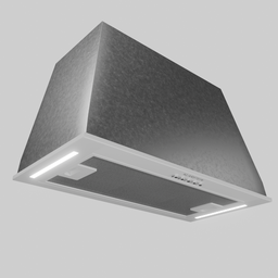 "Black and white photo of a built-in cooker hood, designed for kitchen cabinets. This 3D model features smooth and clean surfaces, a hinged jaw, pendant, and flat metal antenna. Create stunning renders with this Blender 3D model."