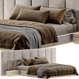 "3D model of Fendi Casa Delano Bed with brown and gray comforter, rendered in Unreal Engine 4. Dynamic layout in muted colors with white and gold color palette. Includes bed measuring 369 x 235 x 119 cm and bedside table measuring 60 x 44 x 28 cm. Formats available for Blender and rendered in Cycles."