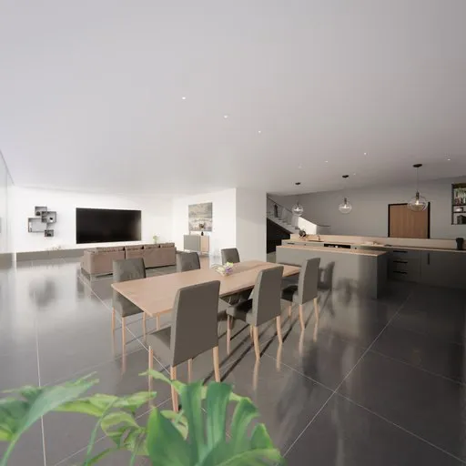 Modern 3D-rendered loft with living, dining, kitchen optimized for Blender, ready for architectural visualization.