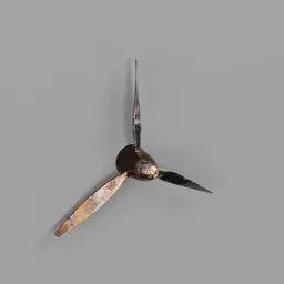 "Decorative airplane propeller 3D model for Blender 3D - a wall mount design featuring a rusty metal texture with blades and fans in a centered position. Perfect for art enthusiasts and aviation collectors alike."