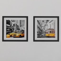 "Minimalistic 3D art featuring yellow cab and tram photographs in square picture frames. Perfect for creating panoramic anamorphic scenes with forced perspective and defocus. Ideal for wall art and crafts in Blender 3D."