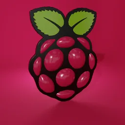 3D Blender model of stylized raspberry with green leaves, representing the iconic computing platform.