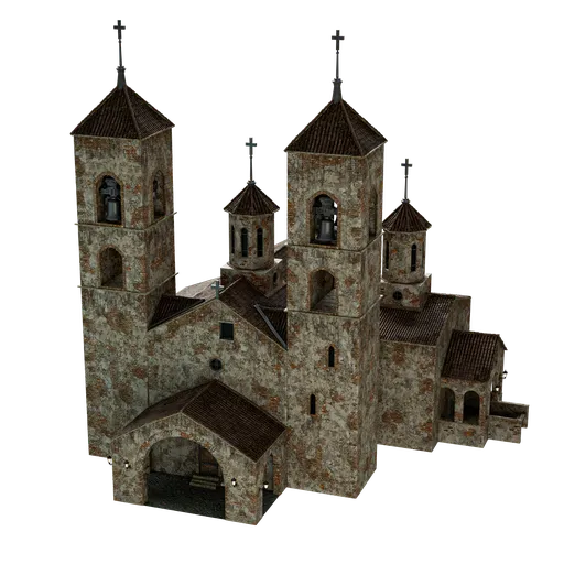 Detailed Blender 3D model featuring an intricate medieval stone temple with multiple towers and arches.