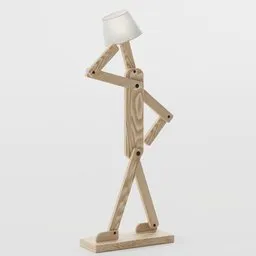 Anthropomorphic wooden floor lamp 3D design with articulated joints for Blender rendering.