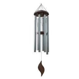 "Metal tubes wind chime on black background, 3D model for Blender 3D. Flowing rhythms, wooden decoration, inspired by Carpoforo Tencalla. Official product image, ideal for videogame 3D rendering and in-game scenes."