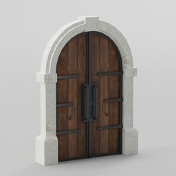 "Wooden door with metal handle, architecture render in Blender 3D - Arc Gate 194x34x254 for modular building. Featuring white stone arches, a manly design inspired by dungeons & dragons. Three doors with simple shape, wooden trim, and a hint of post-apocalyptic aesthetics. Perfect for your architectural and fantasy-themed projects in Blender 3D."
