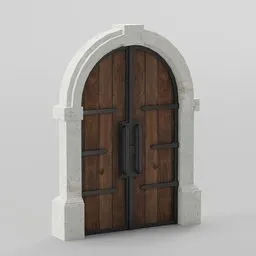 "Wooden door with metal handle, architecture render in Blender 3D - Arc Gate 194x34x254 for modular building. Featuring white stone arches, a manly design inspired by dungeons & dragons. Three doors with simple shape, wooden trim, and a hint of post-apocalyptic aesthetics. Perfect for your architectural and fantasy-themed projects in Blender 3D."