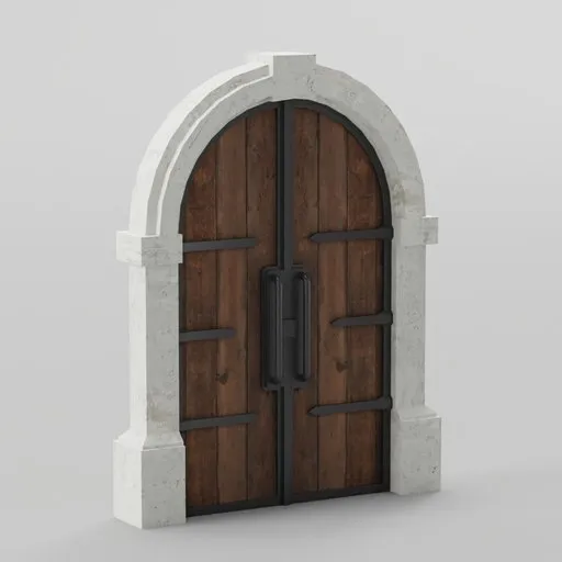 Detailed 3D wooden arched door model with stone frame, perfect for Blender architectural visualization.