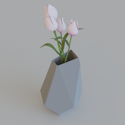 "Low poly faceted flower pot with tulip flowers, rendered in redshift using Blender 3D software. Ideal as a modern indoor decoration with realistic geometry and smooth defined edges."