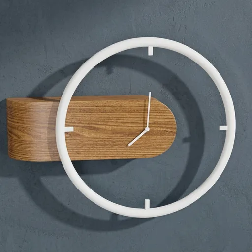 Minimalist wood and white 3D clock model, suitable for Blender 3D rendering and architectural visualization.