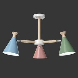 "Scandinavian-style Ola-3 chandelier 3D model for Blender with wooden frame and swiveling shades. Features three lamps and detailed body shape in bold pastel colors inspired by Nordic forest hues. Untextured and unshaded, suitable for cabin lights and other interior designs."