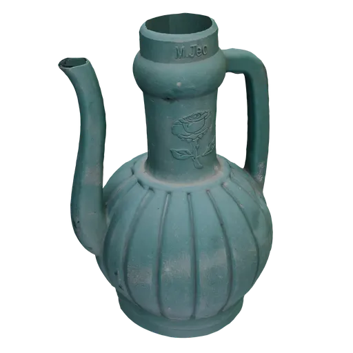 Realistic Blender 3D model of a green watering pot with detailed quad topology and texture, ideal for industrial design visualization.