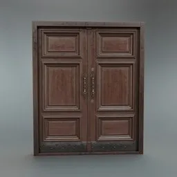 Realistic 3D model of a vintage wooden double door with metal accents and natural wear, suitable for architectural rendering in Blender.