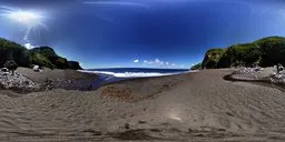 360-degree HDRI of serene beach with clear sky for realistic lighting in 3D scenes.