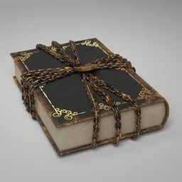 Detailed 3D model of a vintage book bound by rusty chains with intricate golden patterns on the cover.