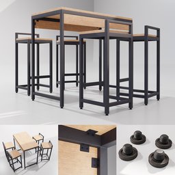 "Modern and Minimalist Wooden and Iron Bar Table Set for Blender 3D. Includes adjustable leveling feet, connectors, and rivets. Features UV-wrapped structure and tabletop with bevel modifiers for customizable edge softness."