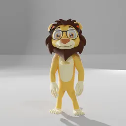 "3D model of a cartoon lion named Chad, wearing glasses and standing on a white surface. This Blender 3D creation is a mascot character with a digitigrade pose, inspired by the style of Niko Pirosmani. Perfect for Blender 3D enthusiasts and those looking for a unique lion character for their projects."
