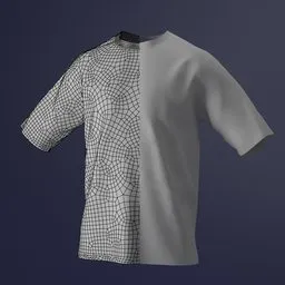 Half-wireframe, half-textured white cotton t-shirt 3D model for Blender, UV mapped and color-customizable.